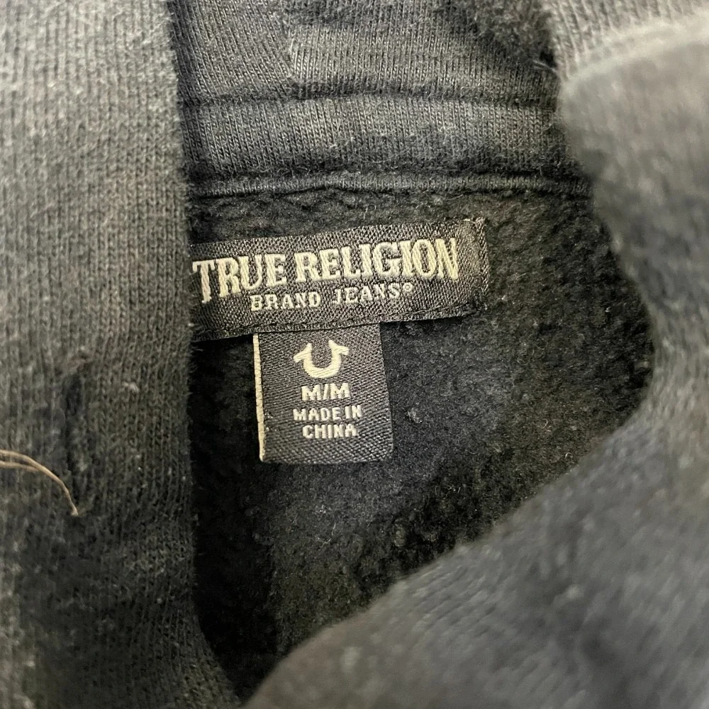 True Religion Hoodie Mens M Black Fleece Lined Buddha Graphic Pullover Cozy